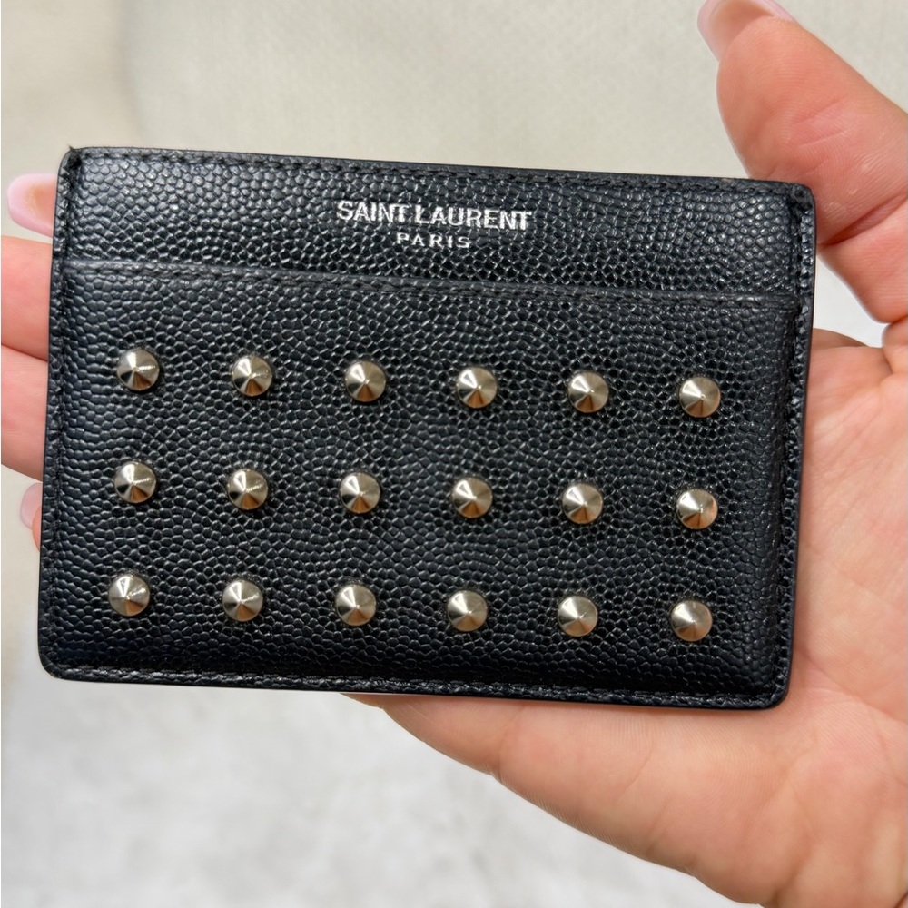 Authentic Saint Laurent Black Leather Card Holder with Silver Studs pre-owned